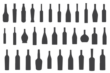 This vector illustration features a variety of black glass bottle silhouettes arranged in rows. The set includes different shapes and sizes of bottles, making it ideal for use in packaging design,