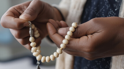 Close-up of prayer beads gliding between fingers