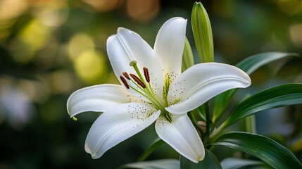 Obraz premium Close up of a white lily flower with green leaves and blurred background in natural light setting