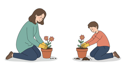 Woman and boy gardening together in flat style vector art