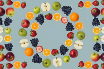 Seamless pattern of fresh and juicy fruits including strawberries, blueberries, cherries, and raspberries, with vibrant colors and a natural, healthy feel wallpaper poster