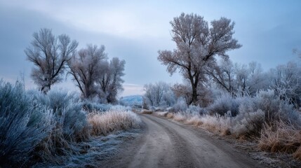 Fototapeta premium frosty landscape with dirt road