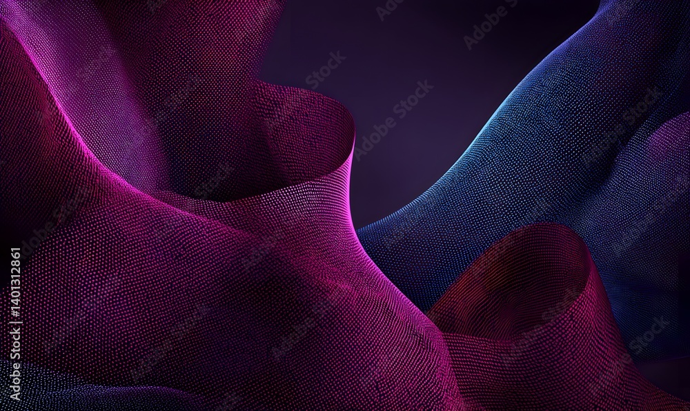 Poster abstract ribbons of pink and blue particles flowing in a dark background with a smooth and shiny loo
