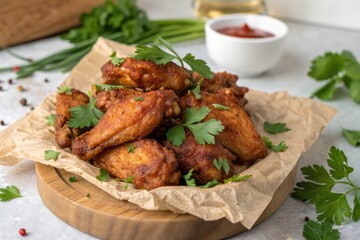 Crispy Chicken Wings Garnished With Fresh Herbs on Wooden Platter Generative AI