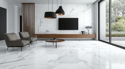 Modern luxurious living room interior design with marble flooring and accents