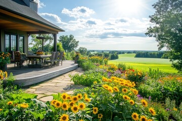 Fototapeta premium A picturesque farmhouse deck overlooks a vibrant flower garden and expansive rural landscape under a bright sunny sky.
