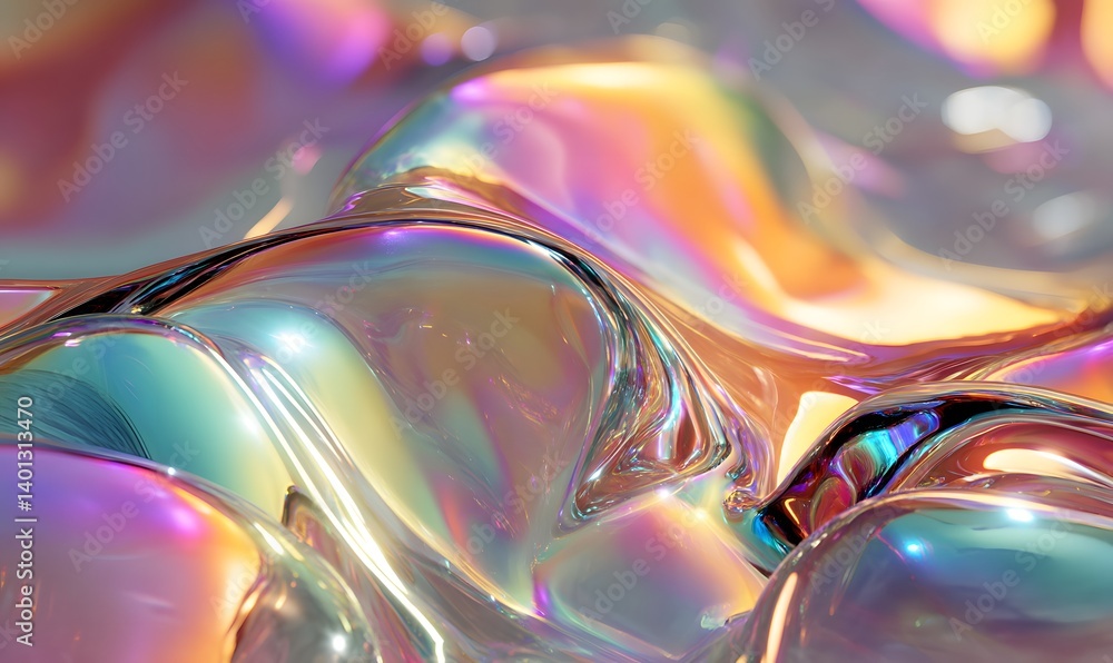 Poster iridescent liquid surface with vibrant colors and smooth reflections creating a mesmerizing abstract