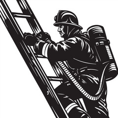 Firefighter climbing ladder with hose Silhouette vector