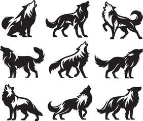 Fototapeta premium Set of wolf silhouette vector-bold black wild animal illustrations 