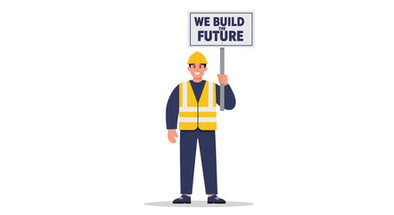Construction worker holding sign in safety gear flat vector art