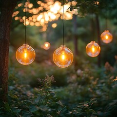 A tranquil garden featuring glowing orbs of energy floating among lush greenery, symbolizing quantum entanglement, captured during the golden hour for warm, soft lighting.