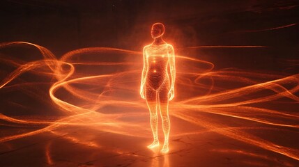 A digital wireframe human form surrounded by glowing energy trails
