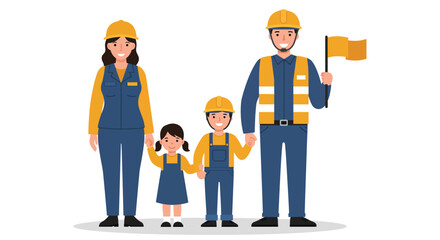 Family of Construction Workers in Flat Design Vector Art