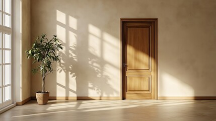 A minimalist beige room interior featuring a brown wooden door, a potted plant casting a long shadow, and soft natural light streaming through a window.
