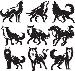 Set of wolf silhouette vector-bold black wild animal illustrations 
