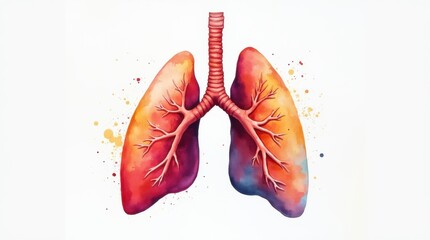 Watercolor-style colorful painting of human lungs on a white background, representing vitality, health, and life energy