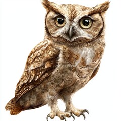 Naklejka premium Realistic illustration of an owl with detailed feathers and expressive eyes, showcasing its majestic presence in wildlife art