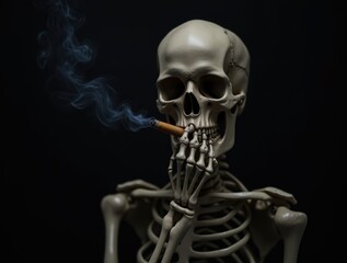 Skeleton close-up with a cigarette between teeth against a dark background, symbolizing danger of smoking and mortality