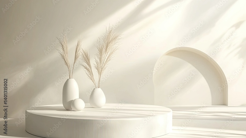 Poster a minimalist white 3d podium display with soft lighting and falling shapes creates a clean and moder