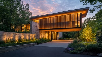 Fototapeta premium Modern Stone and Wood House Exterior at Dusk