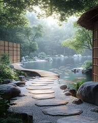 A tranquil Japanese zen garden with perfectly raked sand, smooth stone pathways, minimalist bamboo fences, and a small wooden bridge over a koi pond, soft morning light, ultra-realistic.