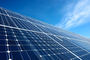 Solar panel array reflects sunlight against a bright blue sky with wispy clouds.
