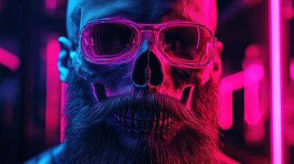 Glowing neon skull with thick beard in a cyberpunk barbershop environment at night