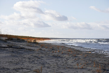
sandy beach with wavy sea and cloudy sky.