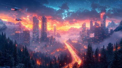 Fototapeta premium Futuristic cityscape with sleek architecture, glowing lights, flying cars, and high-tech elements, daytime setting, vibrant colors