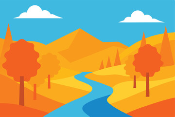 golden fall forest with river running through vector