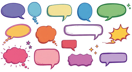A vibrant collection of colorful speech bubbles ready to burst with exciting conversations and playful thoughts, featuring hand-drawn styles and playful sparkle details.