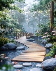A tranquil Japanese zen garden with perfectly raked sand, smooth stone pathways, minimalist bamboo fences, and a small wooden bridge over a koi pond, soft morning light, ultra-realistic.