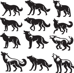 Set of wolf silhouette vector-bold black wild animal illustrations 