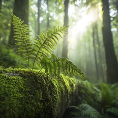 Sunlit Ferns on Forest Log.