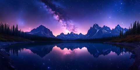 A tranquil mountain lake under the starlit sky, milky way reflected in water, crisp air, towering peaks in silhouette, vibrant colors, calm ripples, immersive panorama perspective