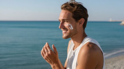 Young man applying sunscreen by beach.
