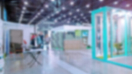 Abstract blur trade show background. New modern exhibition, conference expo centre. Venue for holding business. Financial and economic growth and crisis. Collaboration. Convention center. Event.
