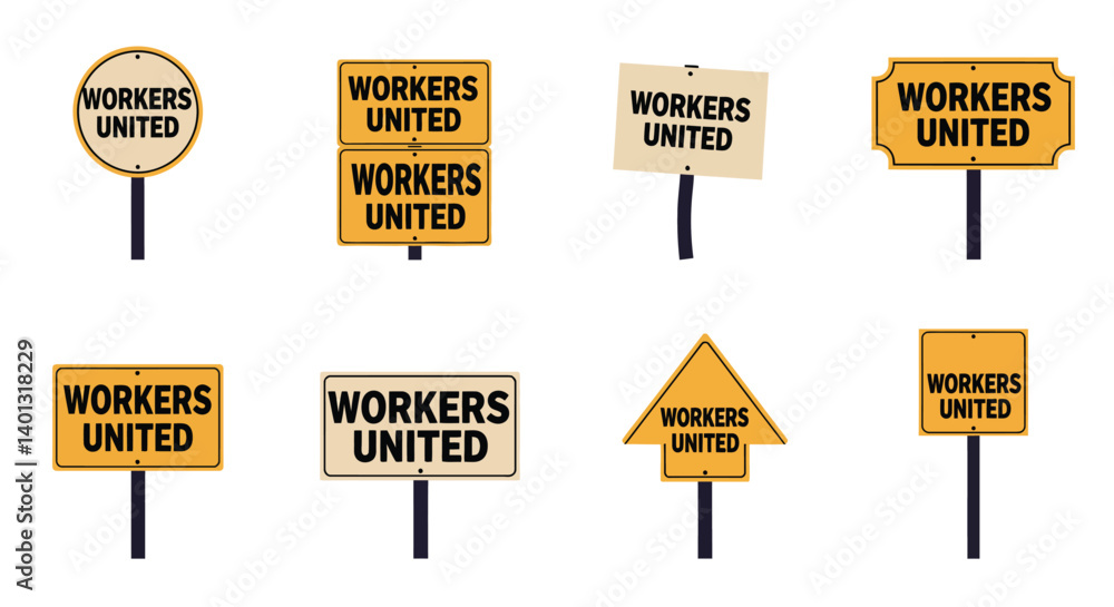 Poster signs displaying workers united message in flat vector art style with various shapes and colors