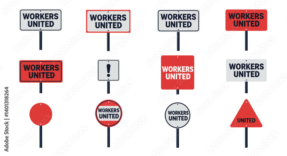Aufkleber signs representing workers united in minimal vector art style showcasing various shapes and colors i