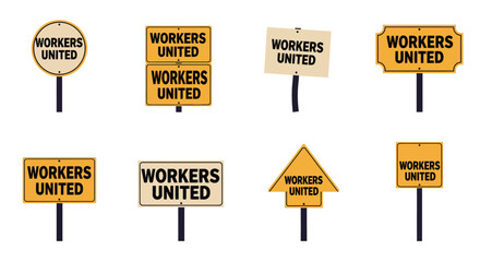 Signs displaying Workers United message in flat vector art style with various shapes and colors