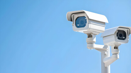 Two Modern White Surveillance Cameras Against A Clear Blue Sky