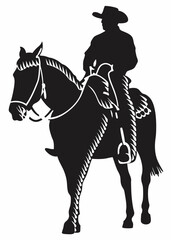 Fototapeta premium Cowboy is riding on a horse silhouette icon in black color. Vector template for laser cutting.