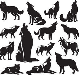 Set of wolf silhouette vector-bold black wild animal illustrations 