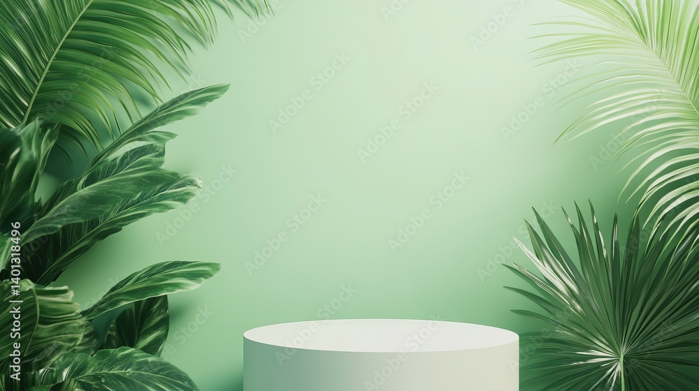 Poster a simple yet elegant background featuring a white podium placed on a light green surface. lush palm 