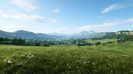 Obraz premium Panoramic View Of Rolling Hills And Meadow With Fluffy Clouds