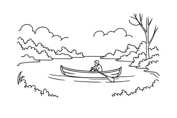 Silhouette Illustration Of Person Canoeing On A Lake With Trees And Clouds
