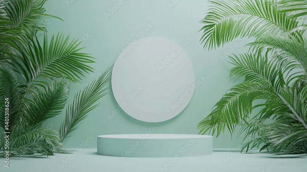 Poster a simple yet elegant background featuring a white podium placed on a light green surface. lush palm 
