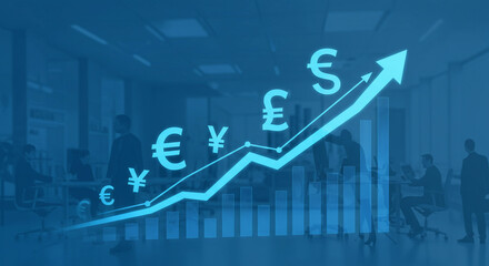 Global financial growth visualized by an upward trending graph showcasing euro, yen, pound, and dollar symbols, overlaid on a bustling office scene with soft blue tones.