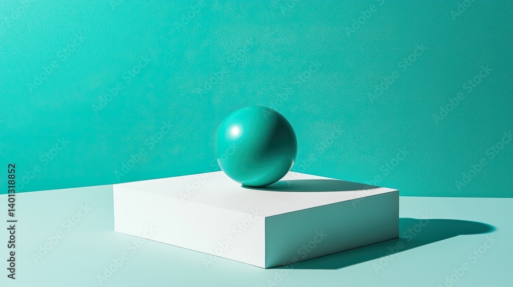 Poster a simple yet elegant design featuring a teal sphere resting on a white platform against a teal backg