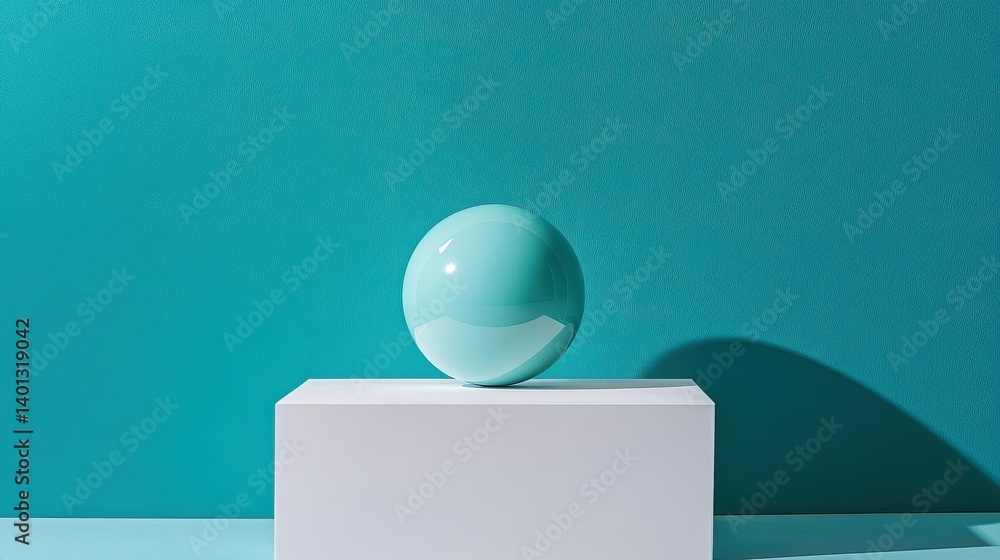 Poster a simple yet elegant design featuring a teal sphere resting on a white platform against a teal backg